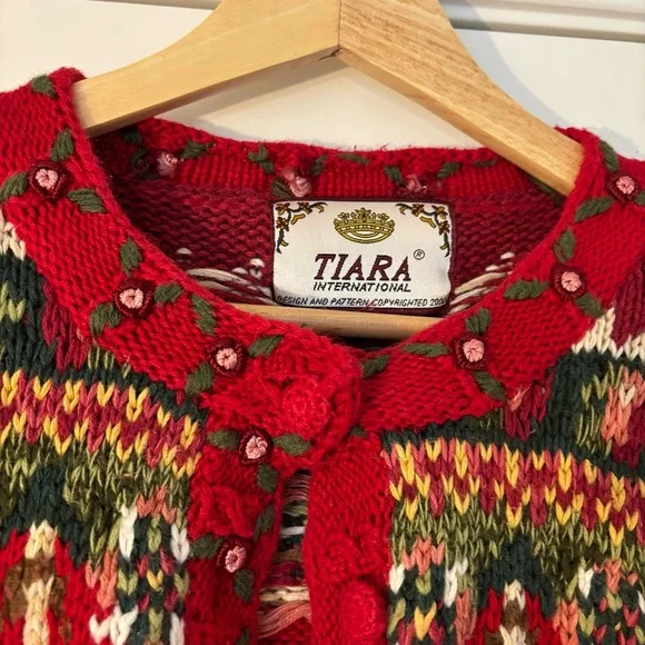 Vintage Tiara Hand Knit Heritage Ramie Cotton Hand Knit Christmas Cardigan M Red - Picture 4 of 5